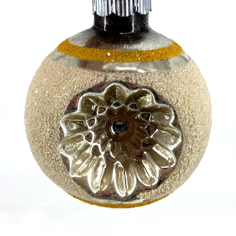 Vintage Shiny Brite White & Gold‎ Glitter Double Indent Glass Ornament